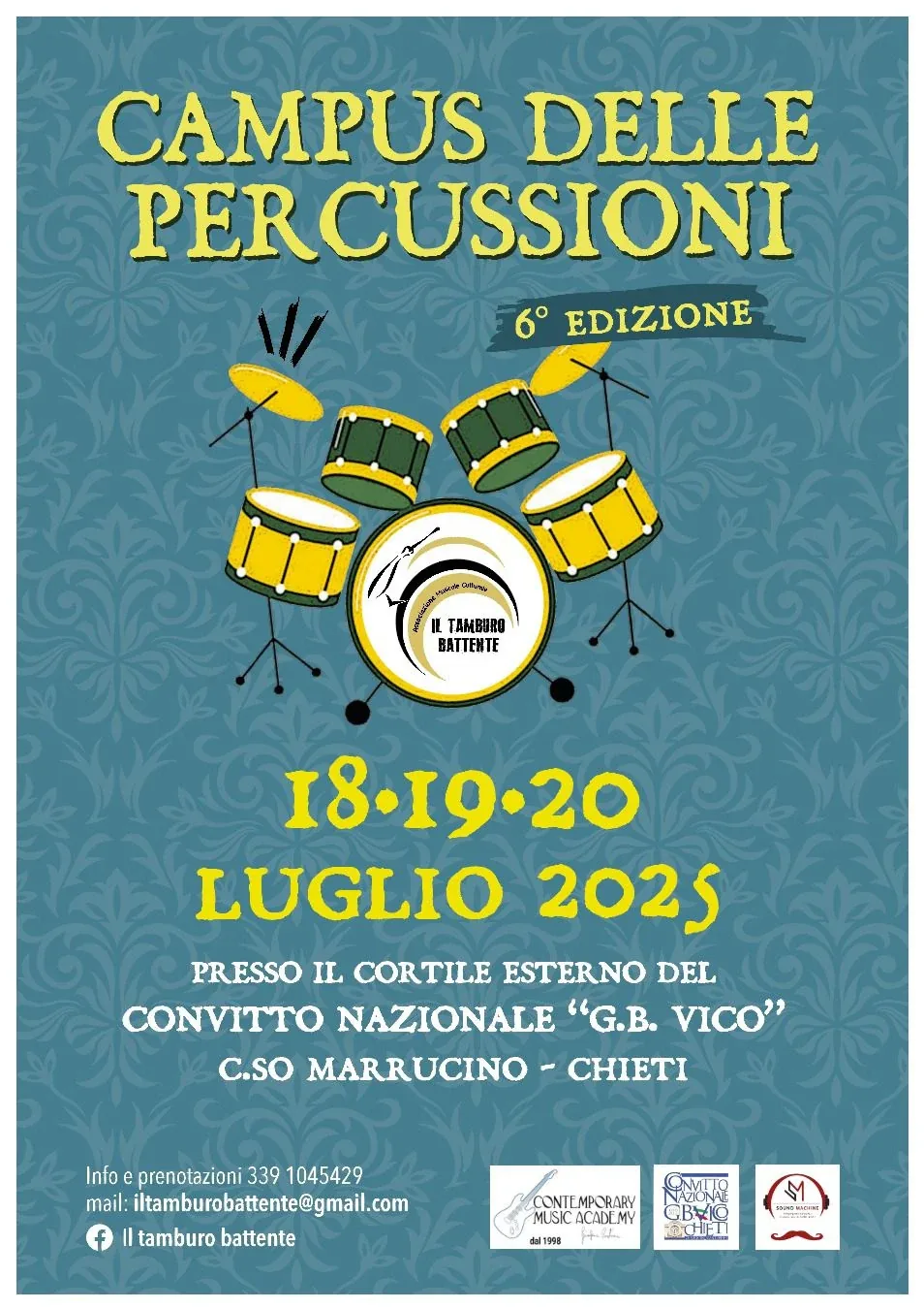 Locandina Campus delle Percussioni 6ª Edizione — Il Tamburo Battente, Chieti, 18–20 luglio 2025