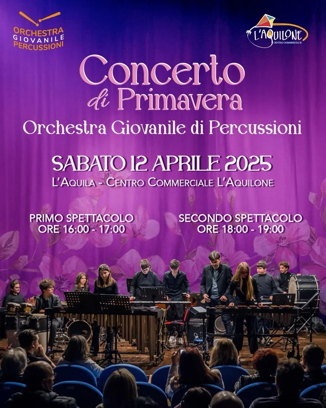 Locandina del Concerto di Primavera dell'Orchestra Giovanile di Percussioni al Centro Commerciale L'Aquilone, 12 aprile 2025