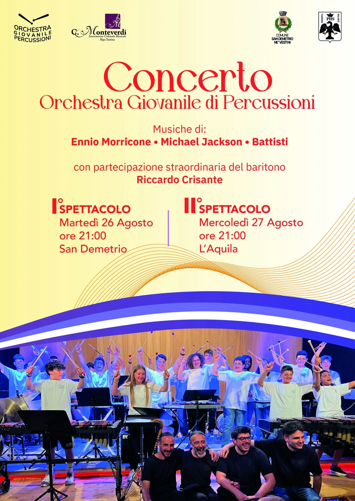 Locandina del Concerto d'Estate 2025 dell'Orchestra Giovanile di Percussioni con il baritono Riccardo Crisante