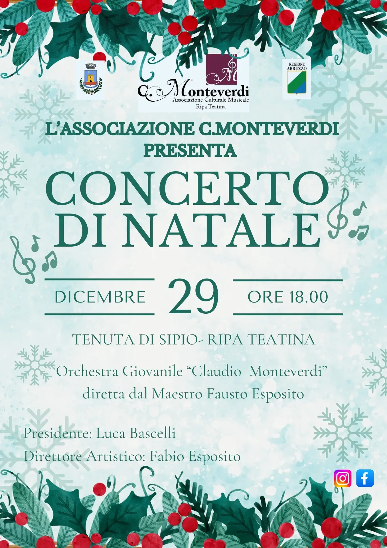 Locandina Concerto di Natale Orchestra Giovanile di Percussioni — Tenuta di Sipio, Ripa Teatina, 29 dicembre 2025