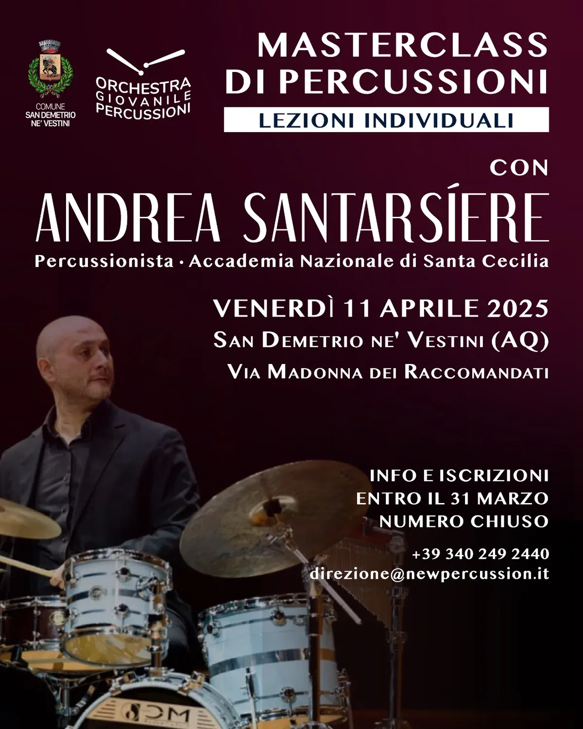 Locandina Masterclass del Maestro Andrea Santarsiere — Orchestra Giovanile di Percussioni, 11 aprile 2025